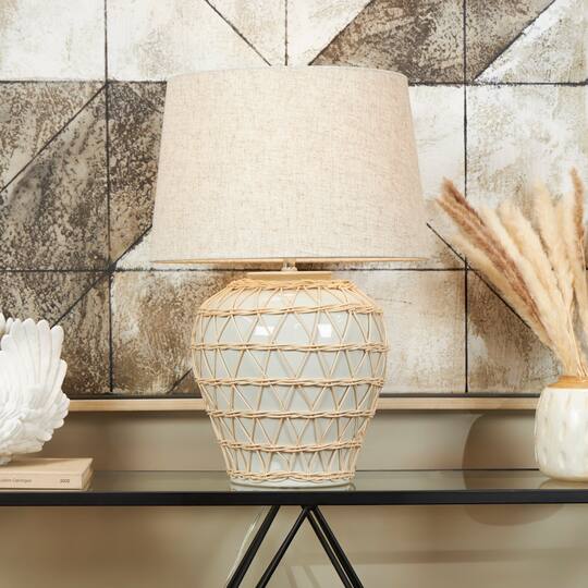 White Ceramic Woven Rattan Table Lamp with Linen Shade